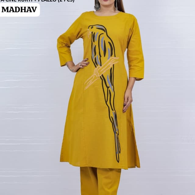 Mustard yellow with black, blue, and peach accents Kurti and Palazzo Set