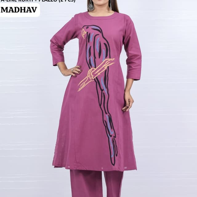 Mauve, Black, Blue, Yellow Kurti and Palazzo Set