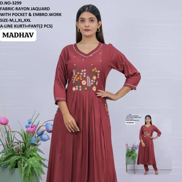 Maroon with white, yellow and green embroidery Kurti and Pant Set