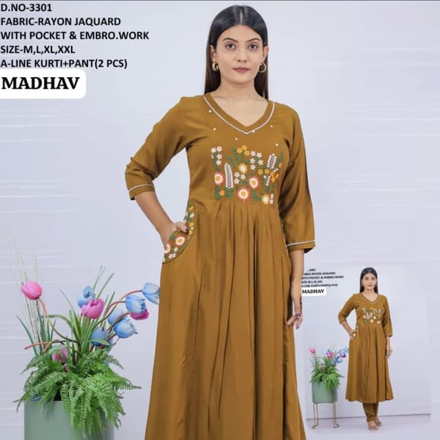 Mustard yellow with white and multi-colored embroidery Kurti and Pant Set