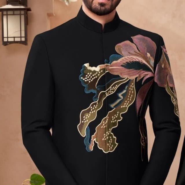 Black with multicolored embroidery (shades of pink, brown, green, and blue) Jacket