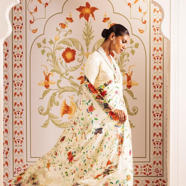 Ivory, Red, Orange, Green, Black, and Blue Saree