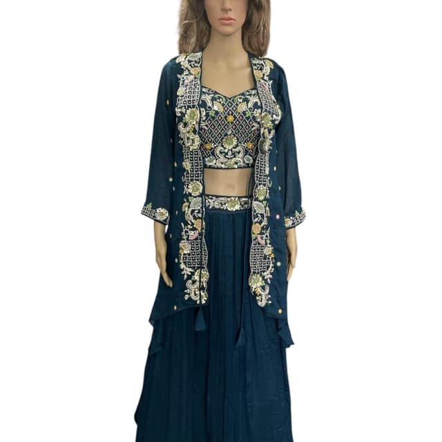 Teal, with accents of gold, pink, green, and white embroidery Lehenga Choli with Jacket