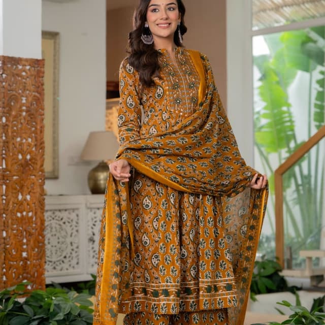 Mustard yellow, green, and white Salwar Kameez with Dupatta
