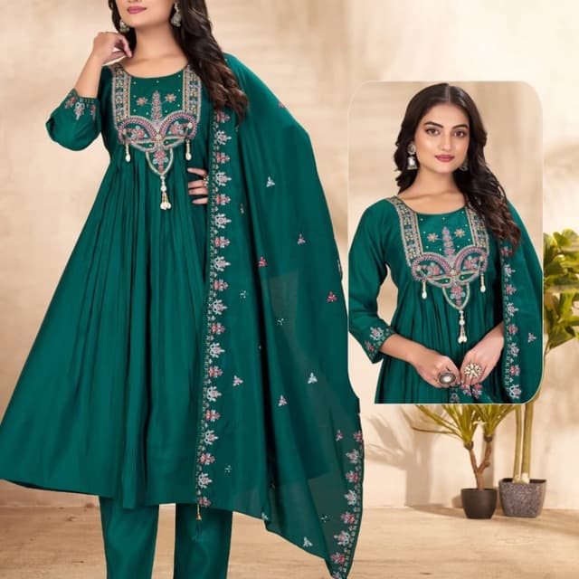 Teal green with multi-color embroidery Anarkali Suit Set