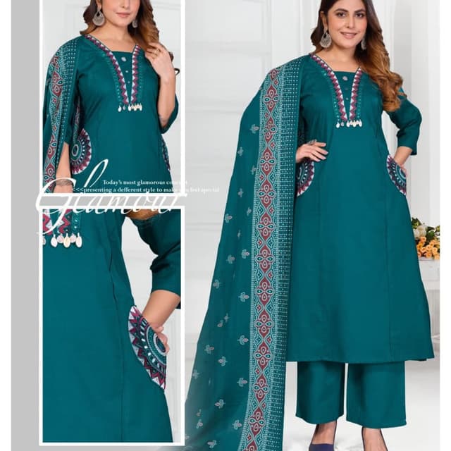 Teal, Red, White, and Gold Salwar Kameez Suit
