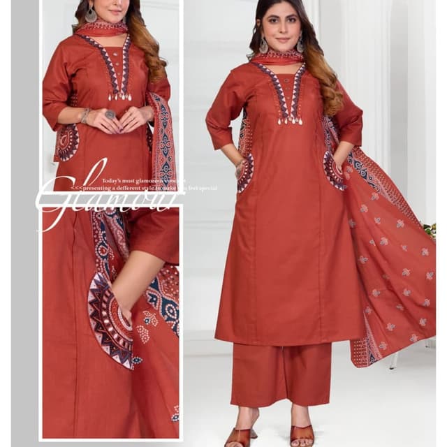 Burnt Orange, Navy Blue, White Salwar Kameez Suit
