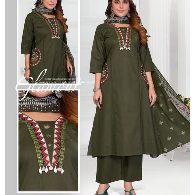 Olive green, red, white, and green accents Salwar Kameez Suit