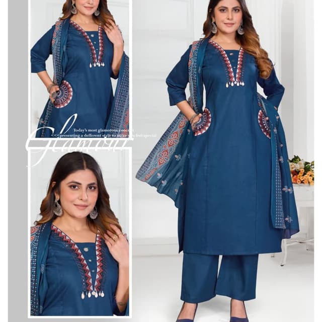Teal blue, with accents of red, orange, and white Salwar Suit Set