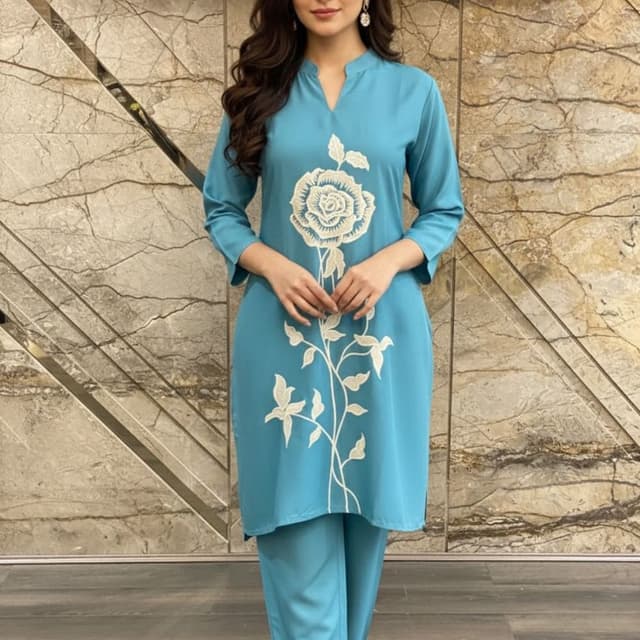 Teal and White Kurta and Pants Set