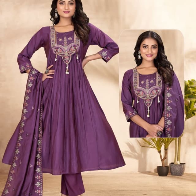 Purple with multi-colored embroidery Anarkali Suit Set