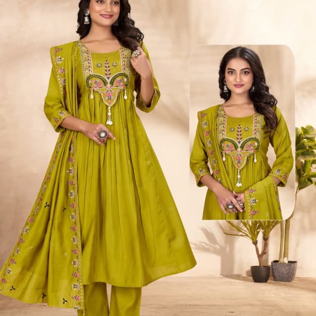 Olive green with accents of pink, green, and white in the embroidery. Anarkali Suit