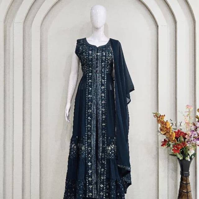 Teal and Silver Anarkali Suit