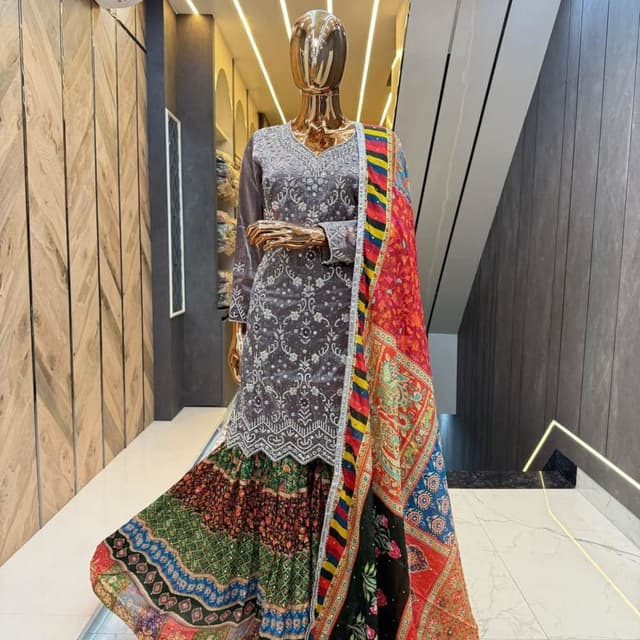 Gray, Multicolor Sharara Suit