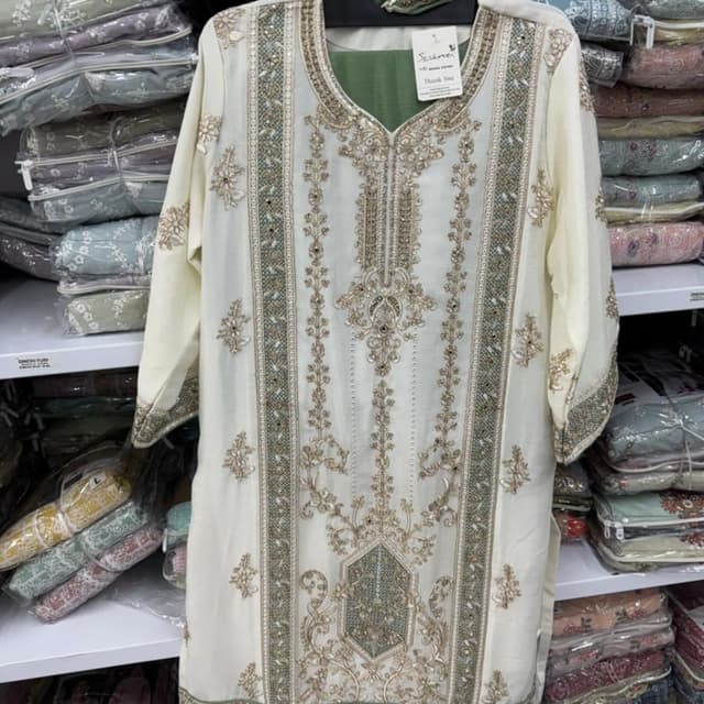 Ivory, Gold, Green Kurta