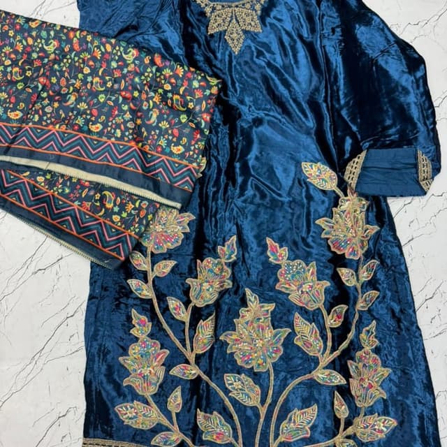 Teal, Multi-colored (Pink, Yellow, Green, Blue, Orange) Salwar Kameez Suit