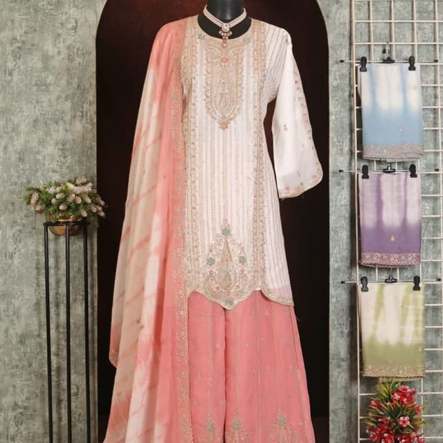 White, Peach, Pink Salwar Kameez