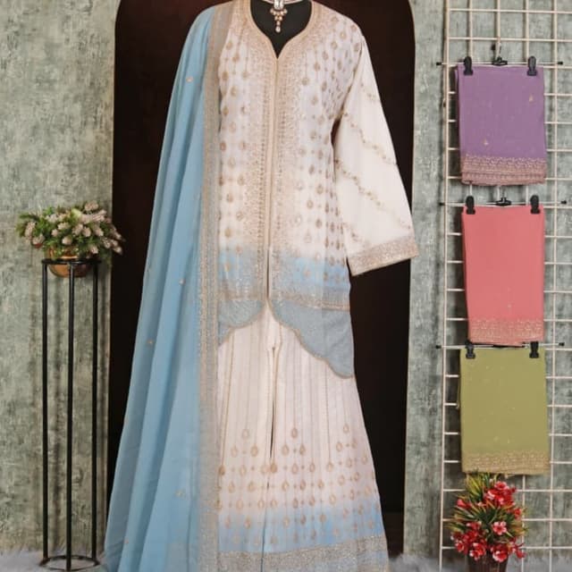 White, Light Blue, Gold Sharara Suit with Dupatta
