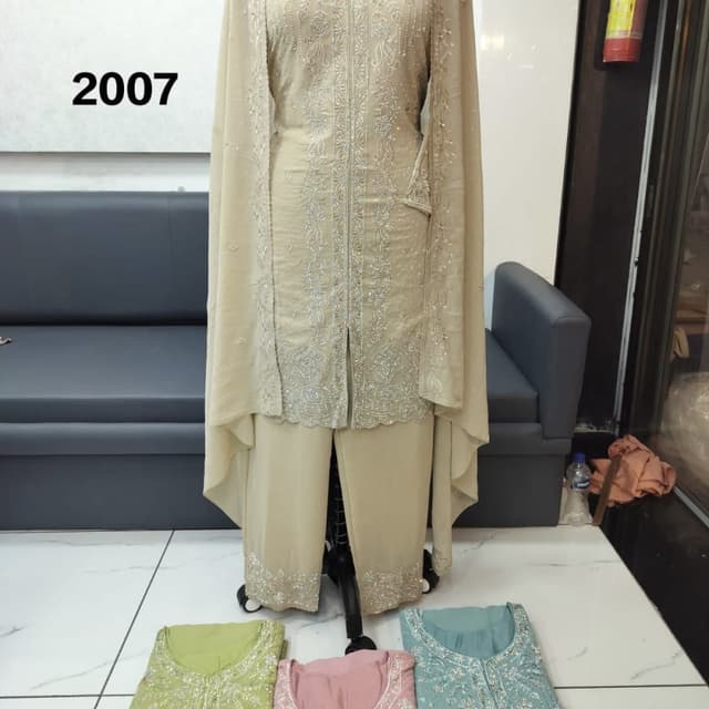 Beige, Silver Salwar Suit