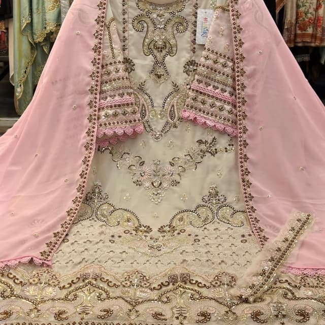 Ivory, Pink, Gold Anarkali Suit with Dupatta