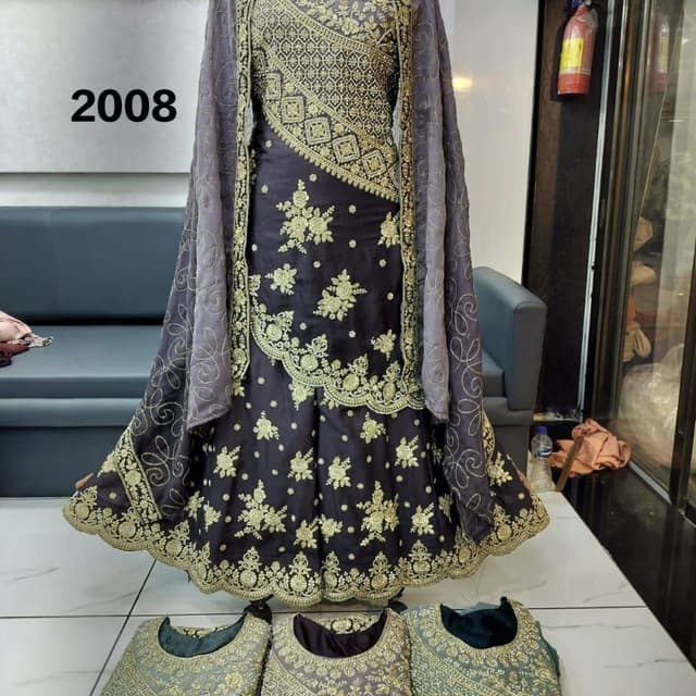 Dark purple with gold Anarkali Suit with Dupatta