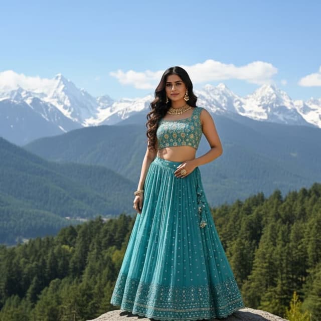Teal, Gold Lehenga Choli