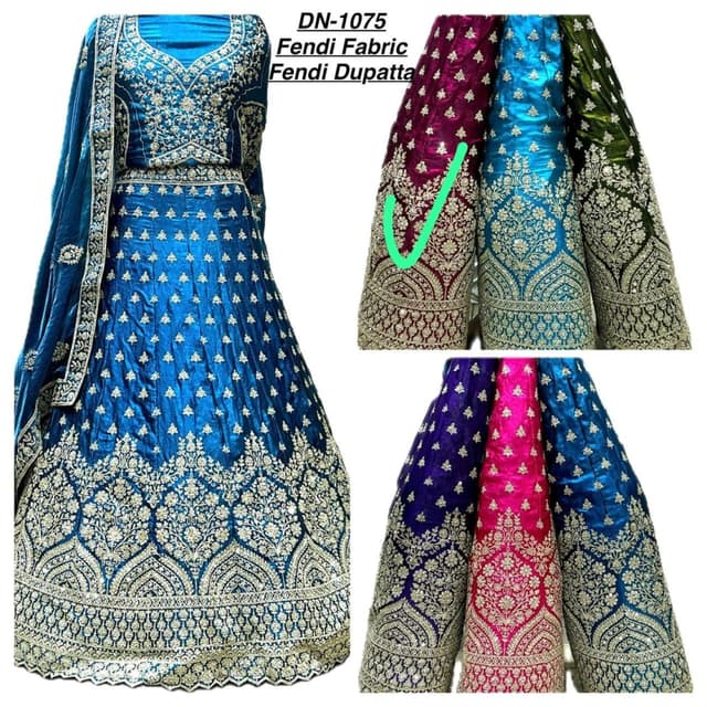Blue with gold embroidery, various color options (burgundy, turquoise, green, purple, pink). Lehenga Choli