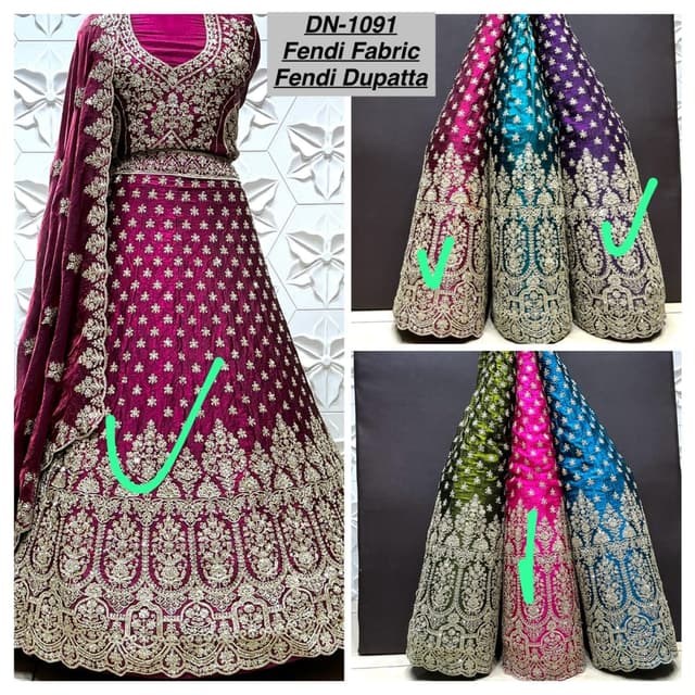 Burgundy, with gold and various shades of jewel tones in the dupattas Lehenga Choli