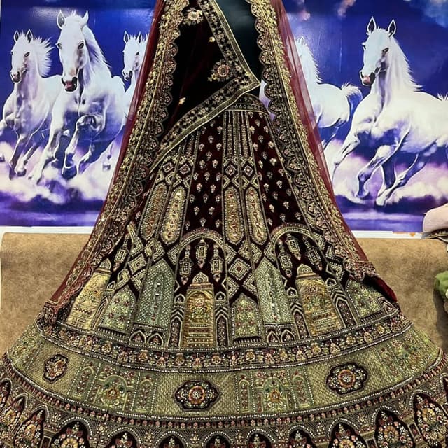 Maroon, Gold, and Olive Green Lehenga Choli