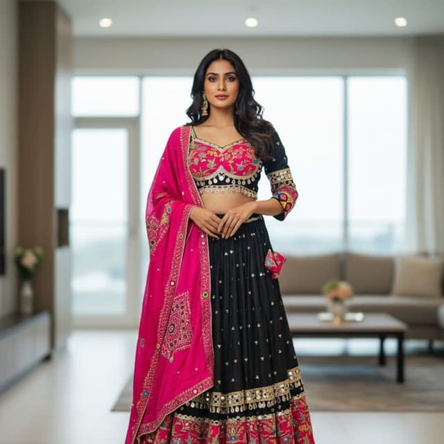 Black, Pink, Gold, and other contrasting colors Lehenga Choli