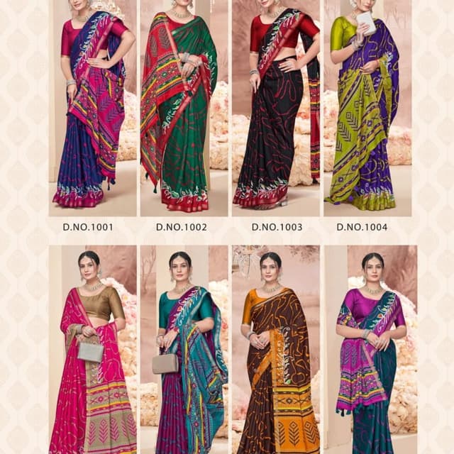 Various, including blue, pink, green, red, black, purple, yellow, and brown with multicolored prints. Saree