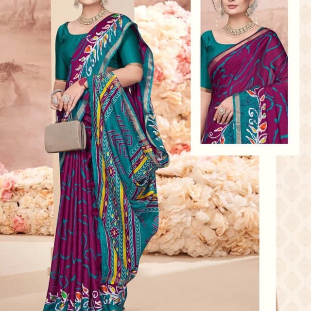 Teal, Purple, Yellow, White, Gold Saree
