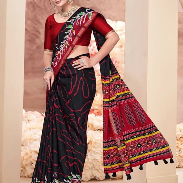 Black, Red, Yellow, Green Saree