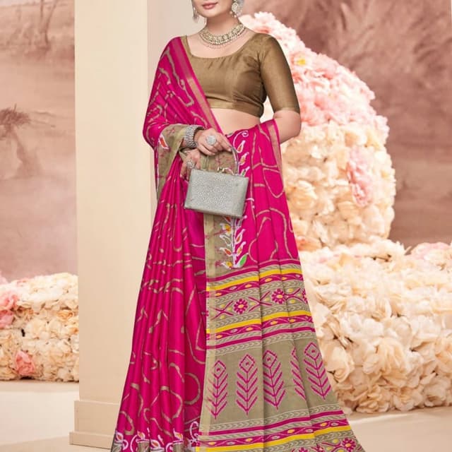 Magenta, Gold, Olive Green, Yellow Saree
