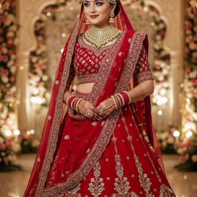 Red, Gold, Green Lehenga Choli