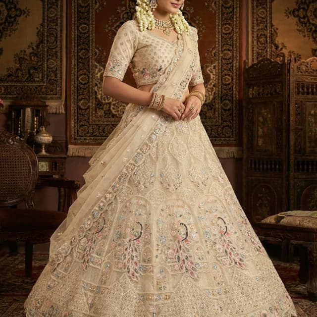 Ivory, Pink, Blue, and Gold accents Lehenga Choli