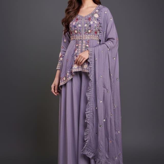 Lavender, with accents of red, green, and gold in the embroidery Sharara Suit