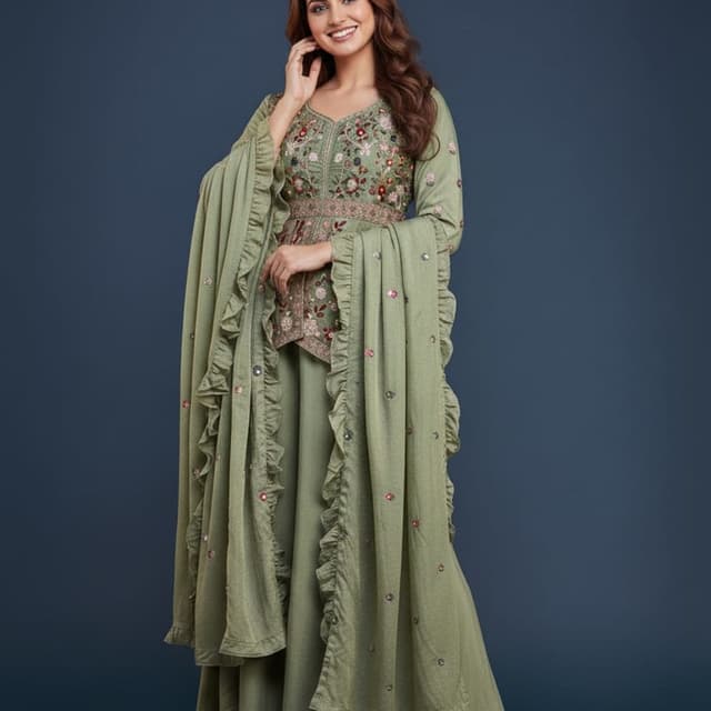 Sage green with multi-colored embroidery accents Sharara Suit