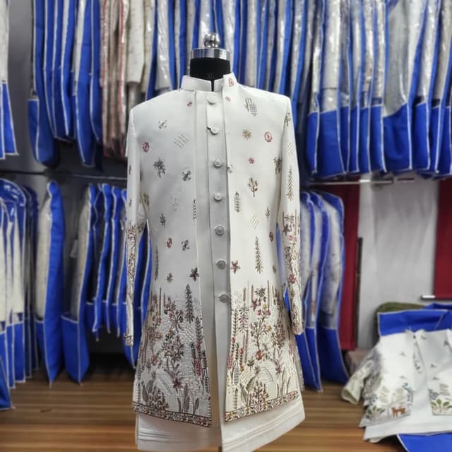 Ivory, Beige, Brown, Green, and hints of Red Sherwani