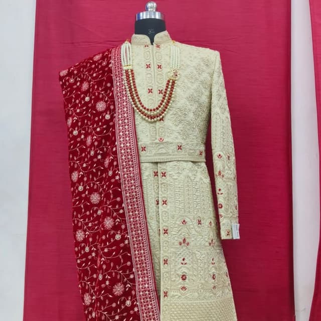 Ivory and Red Sherwani and Shawl