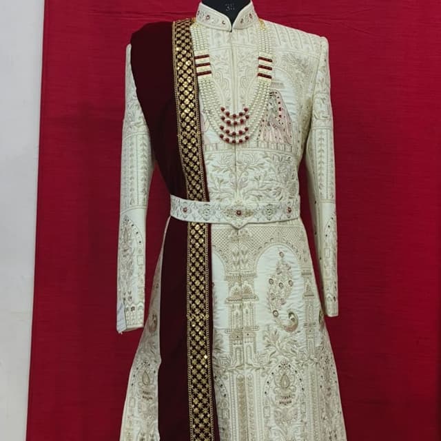 Ivory, Burgundy, Gold Sherwani