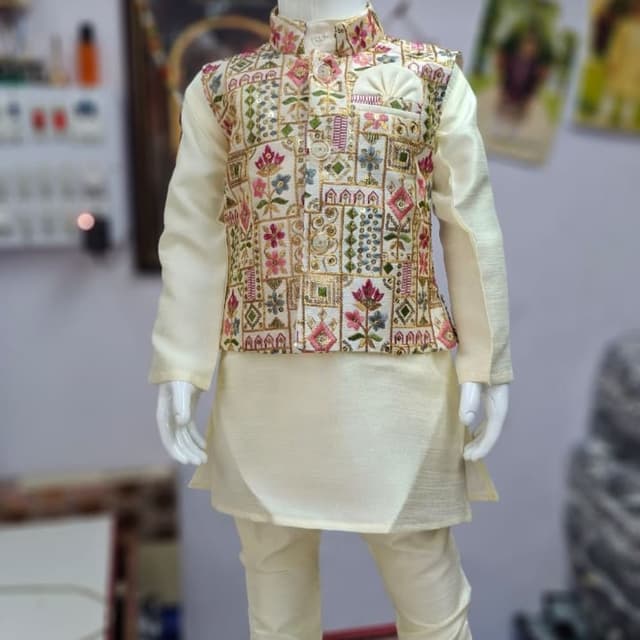 Ivory, gold, pink, green, and accents of other colors Kurta Pajama Set with Jacket