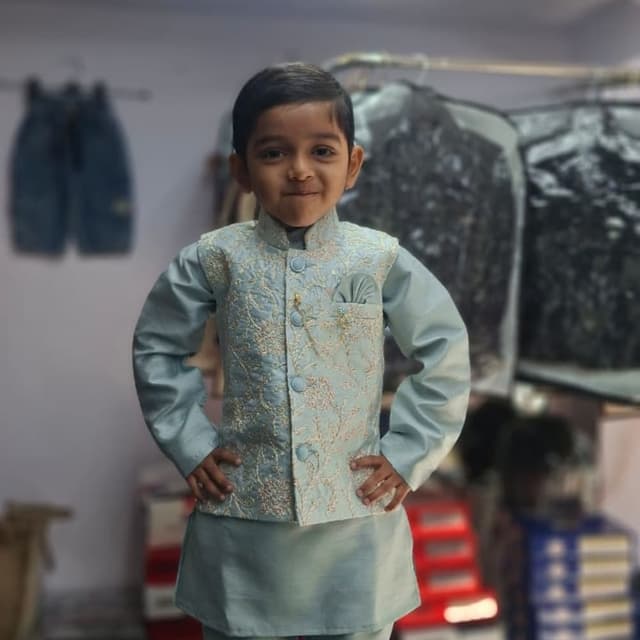 Light Blue and Gold Kurta Pajama with Nehru Jacket