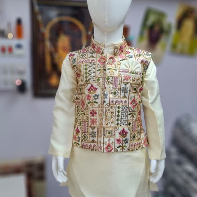 Ivory, gold, pink, green, and blue Kurta and Jacket set