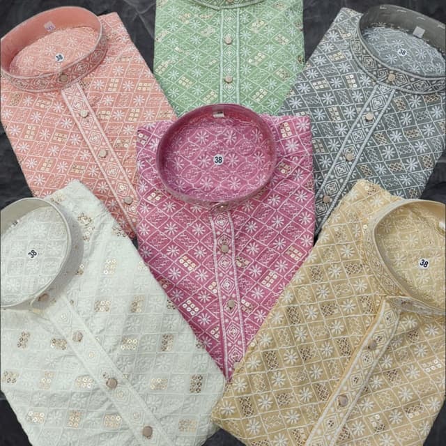 Various pastel shades including pink, peach, green, grey, and cream Kurta