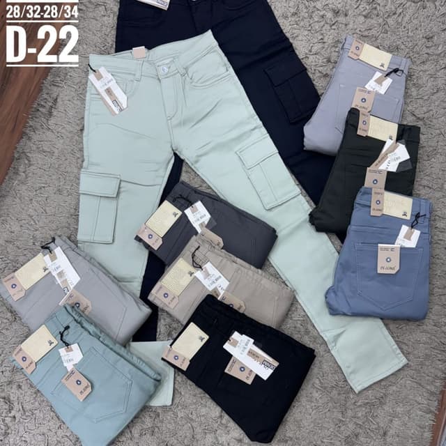 Various, including light green, blue, gray, black, and beige. Jeans