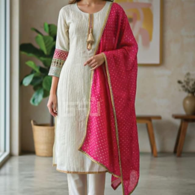 Off-white, Pink, Gold, and touches of green and red Salwar Kameez with Dupatta