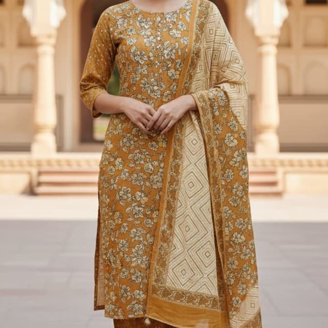 Mustard yellow, Cream, Brown Salwar Kameez Set with Dupatta