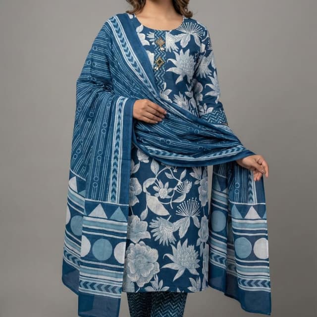 Indigo and White Kurta Set with Dupatta