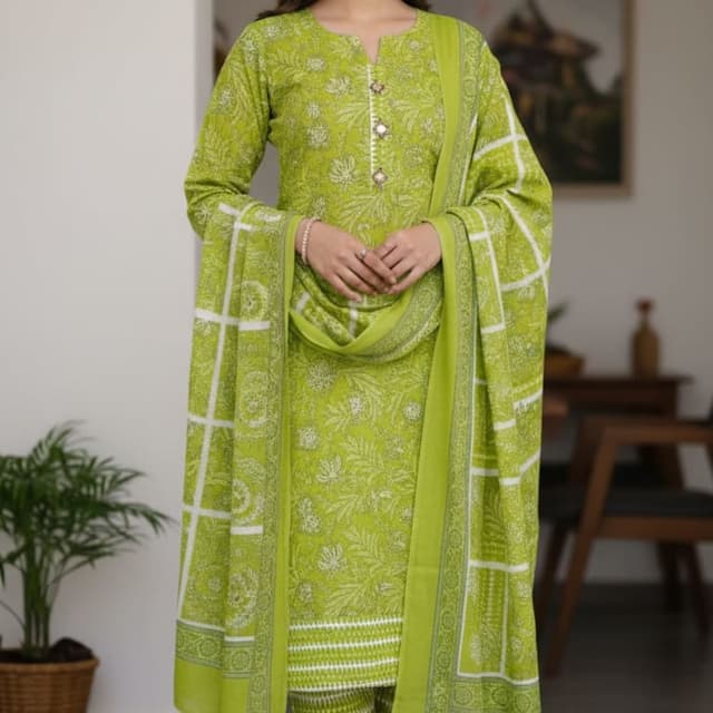 Lime Green and White Salwar Kameez Suit